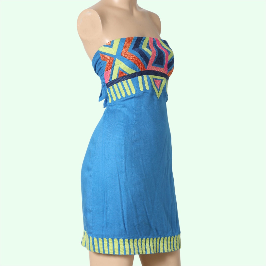 MARA HOFFMAN Blue Multicolor Printed Strapless Mini Dress