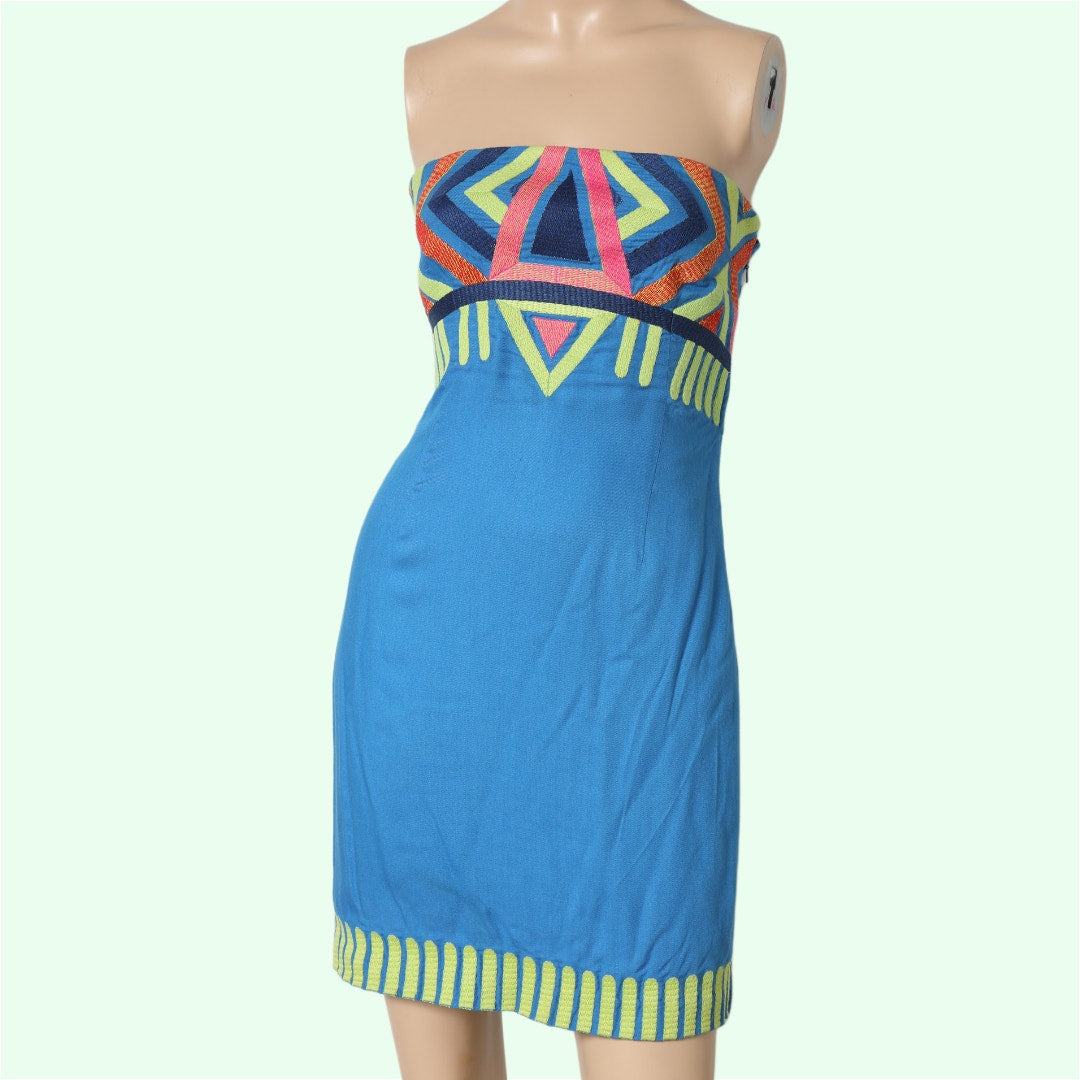 MARA HOFFMAN Blue Multicolor Printed Strapless Mini Dress
