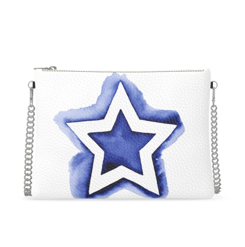 UNTITLED BOUTIQUE White and Blue Leather Star Crossbody Bag with Silver Chain - Limited Edition
