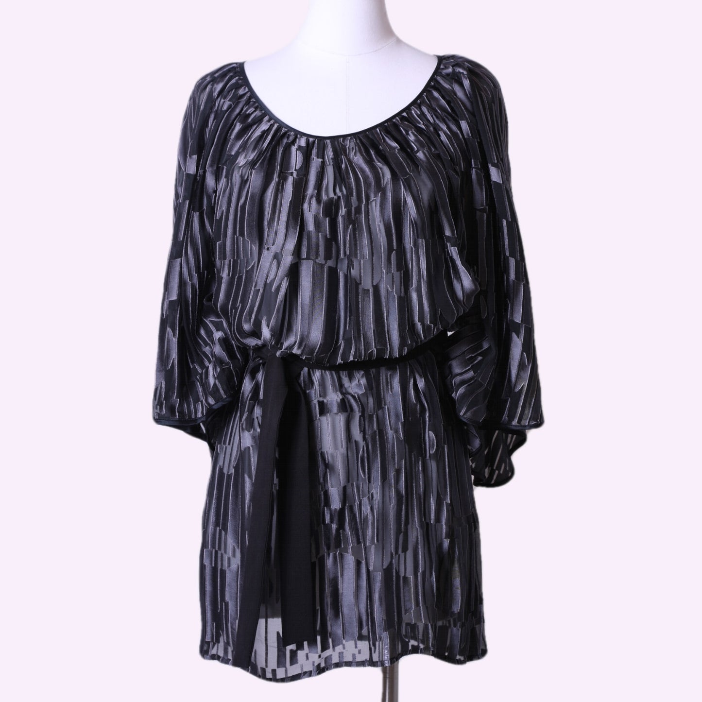 CATHERINE MALANDRINO Black + Silver Geometric Vintage Silk Dress