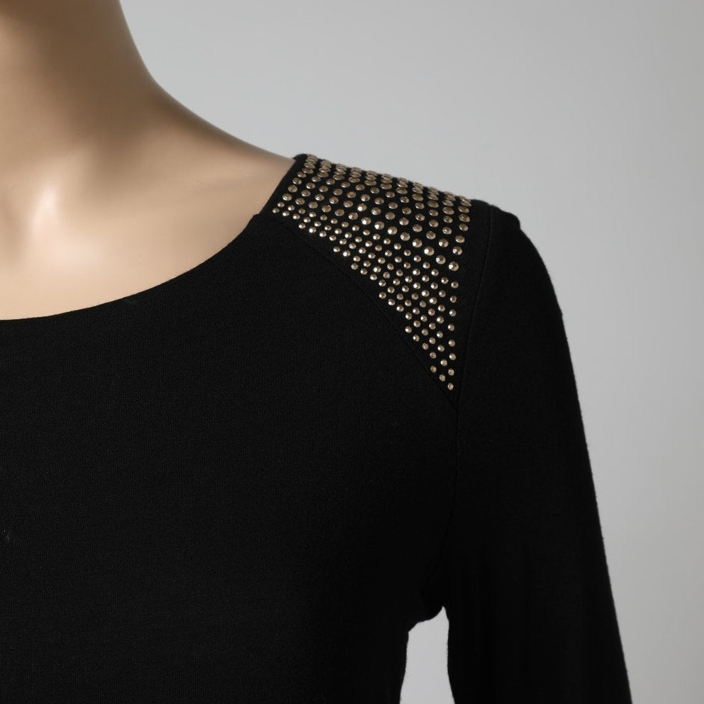 VINCE CAMUTO Black Jersey Gold Studded Shoulder Sheath Dress