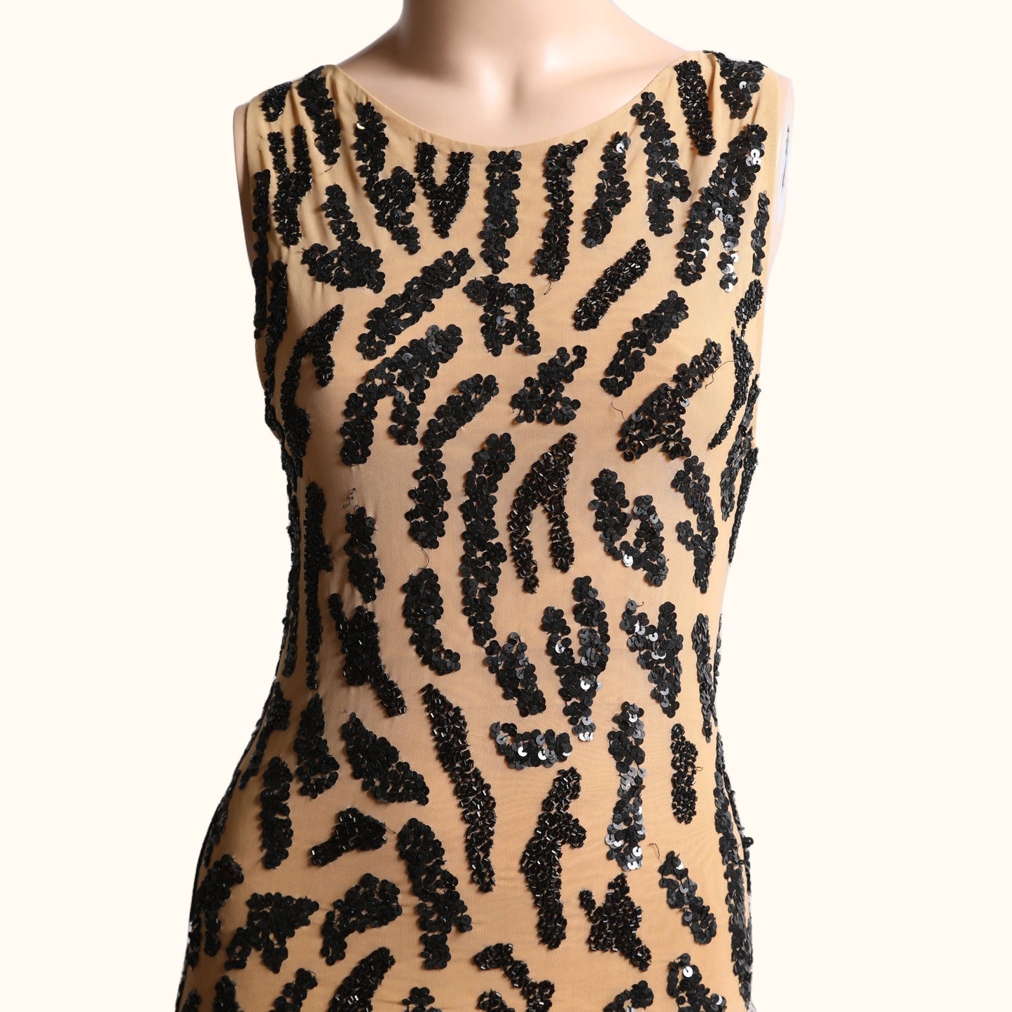 ALICE + OLIVIA Tan Silk Bodycon Dress with Black Sequins