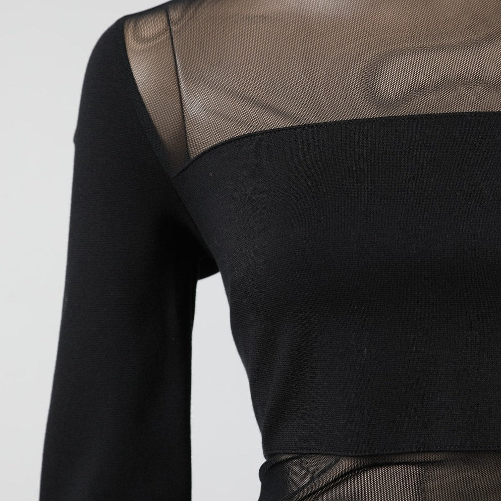MICHAEL KORS Black Mesh Panel Long Sleeve Bodycon Dress