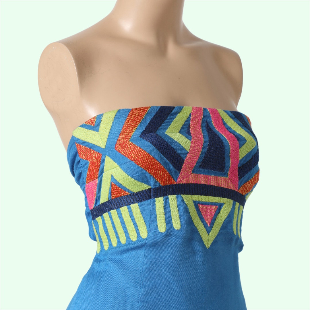 MARA HOFFMAN Blue Multicolor Printed Strapless Mini Dress