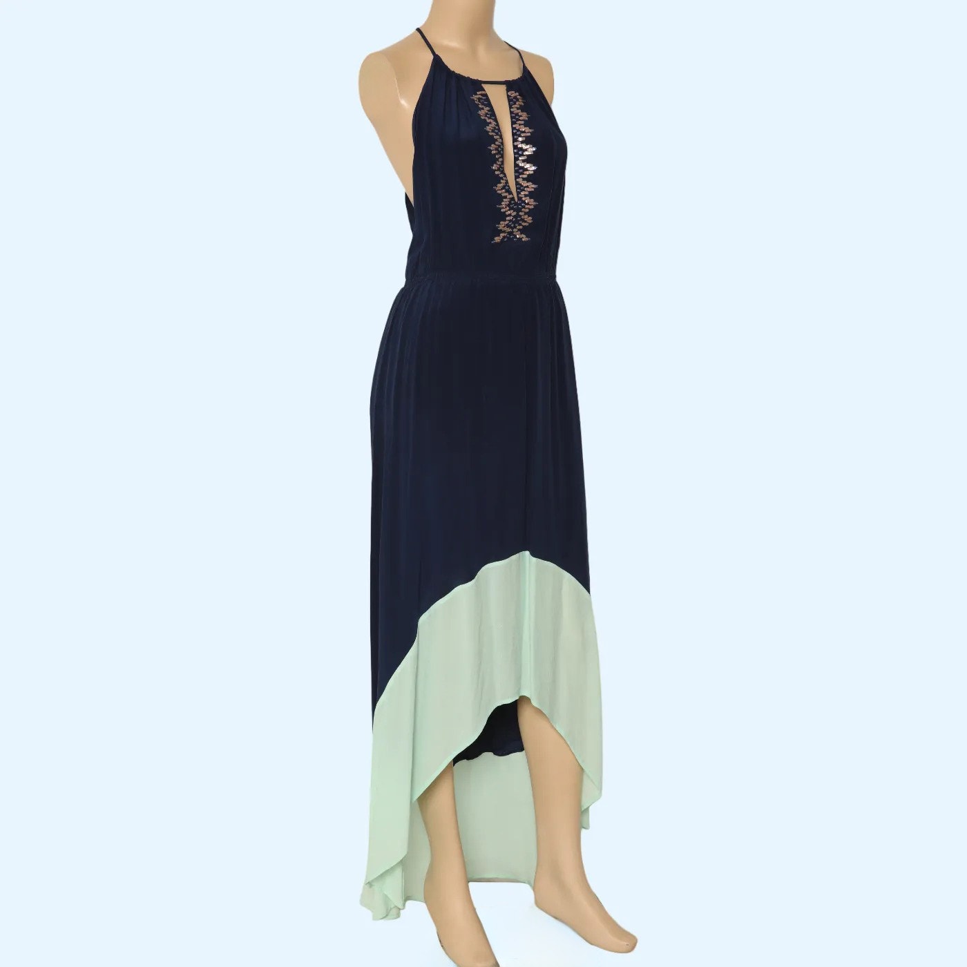 CHELSEA FLOWER Navy Blue and Mint Colorblock Beaded Silk High Low Maxi Dress