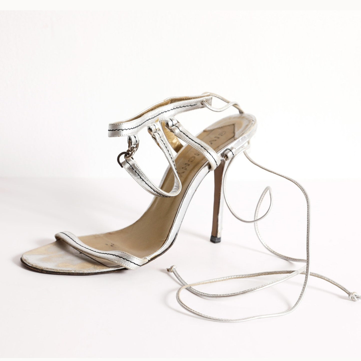 GIVENCHY Vintage Silver Lace-Up Strappy Leather Sandal Heels