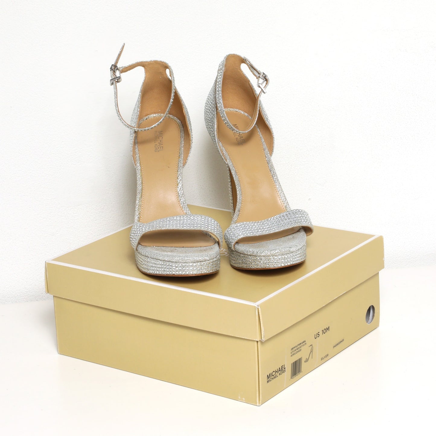 MICHAEL KORS Jordyn Silver Crystal Embellished Mesh Platform High Heel Sandals