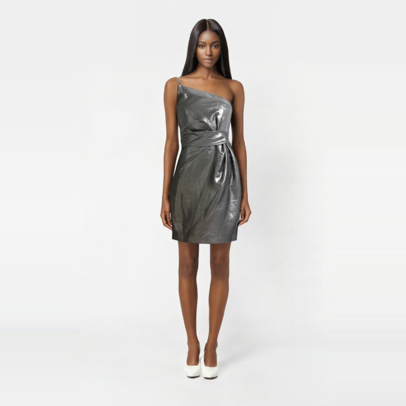 HALSTON HERITAGE Silver One-Shoulder Knee-Length Sheath Dress