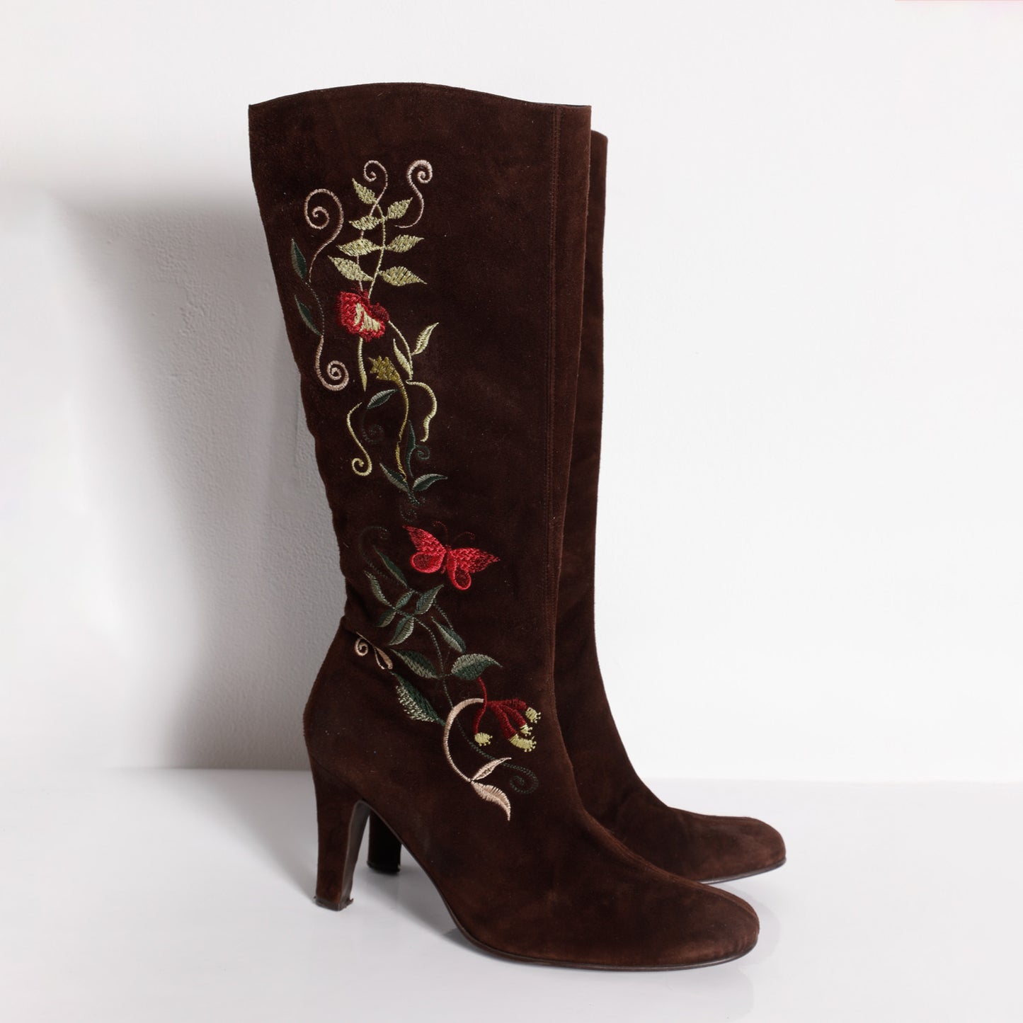OFFICE LONDON Brown Suede with Multicolor Floral Embroidery Knee High Boot Heels