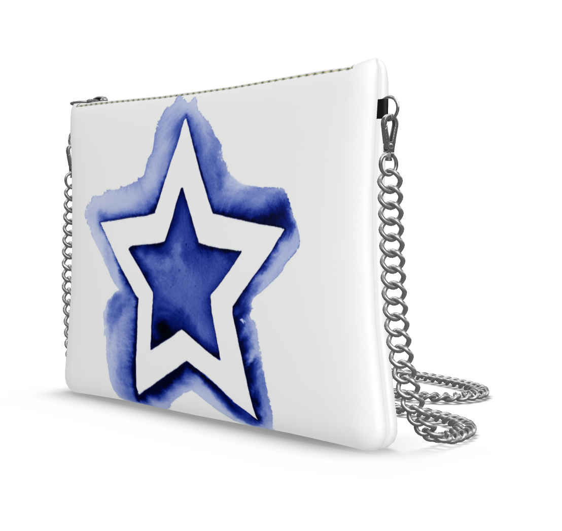 UNTITLED BOUTIQUE White and Blue Leather Star Crossbody Bag with Silver Chain - Limited Edition