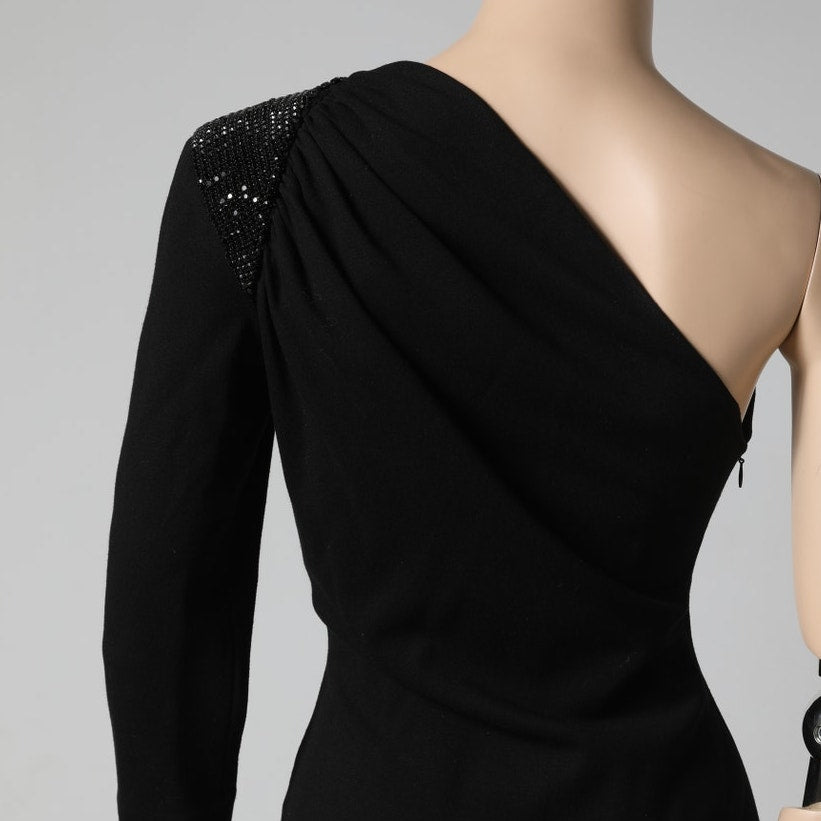 ROBERT RODRIGUEZ Black One Shoulder Crystal Embellished Mini Dress
