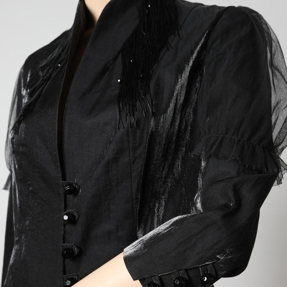 CATHERINE BRICKHILL Vintage Black Fringe Detail Gem Button Jacket