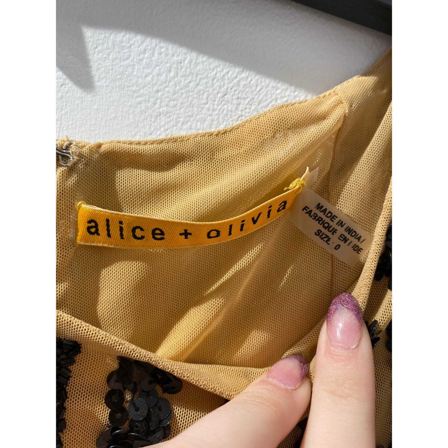 ALICE + OLIVIA Tan Silk Bodycon Dress with Black Sequins