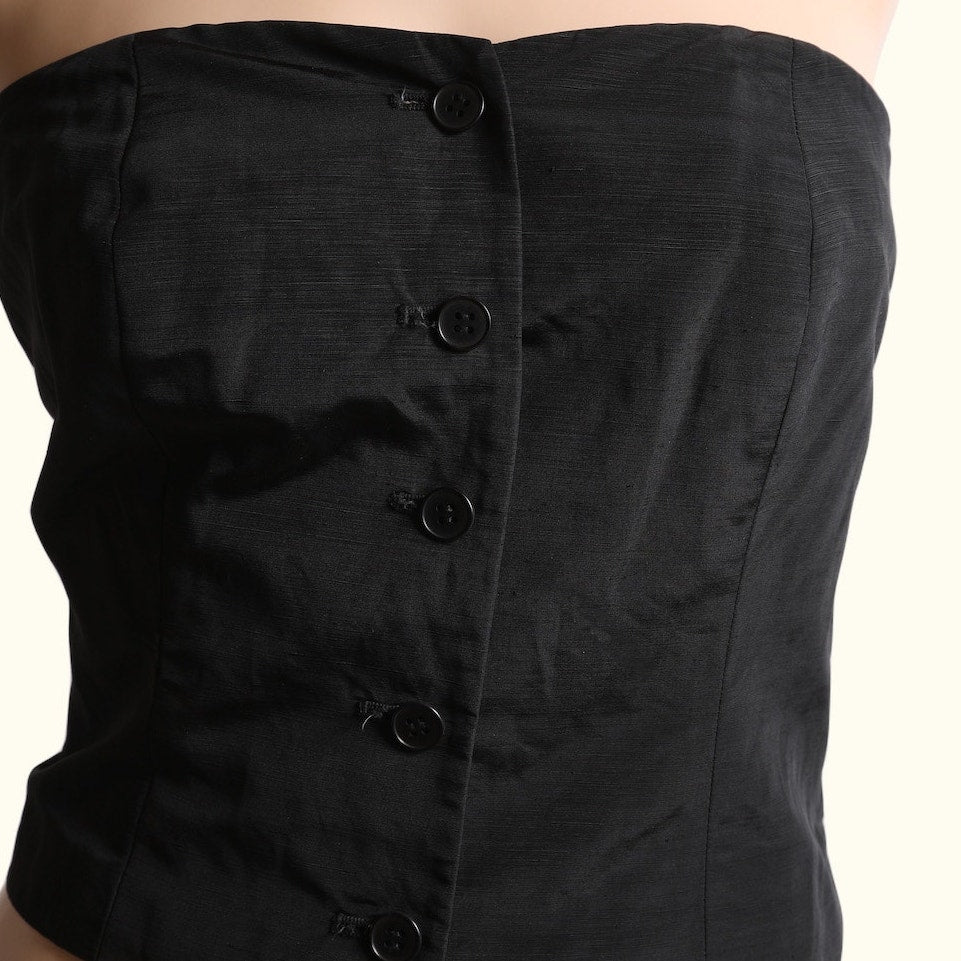 MARK EISEN Vintage Y2K Black Linen Blend Strapless Button Front Top