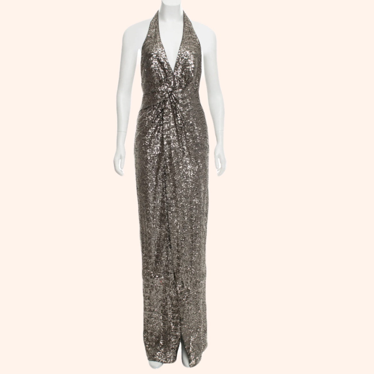 HALSTON Heritage Silver Sequin Halter Deep V-Neck Maxi Dress Gown