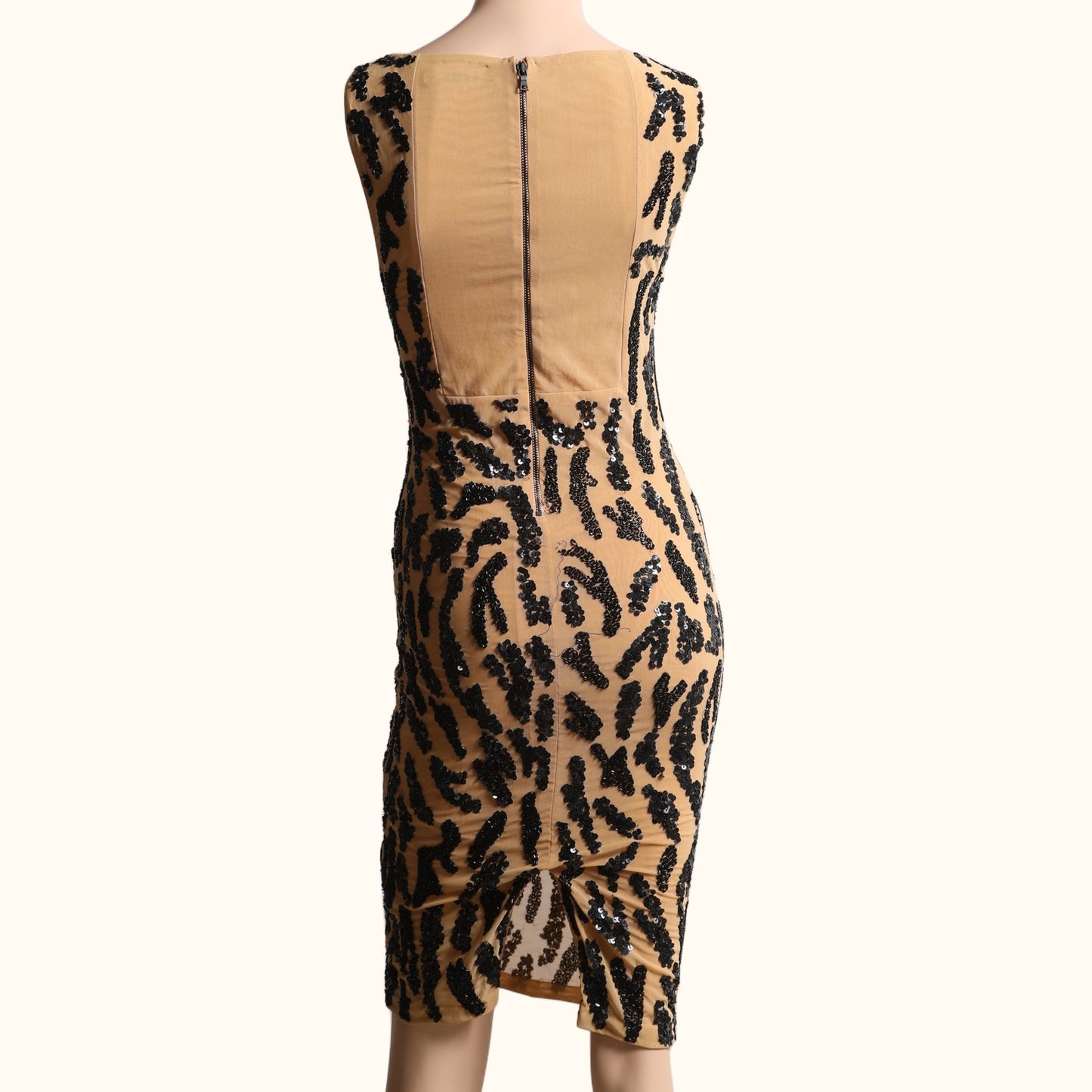 ALICE + OLIVIA Tan Silk Bodycon Dress with Black Sequins