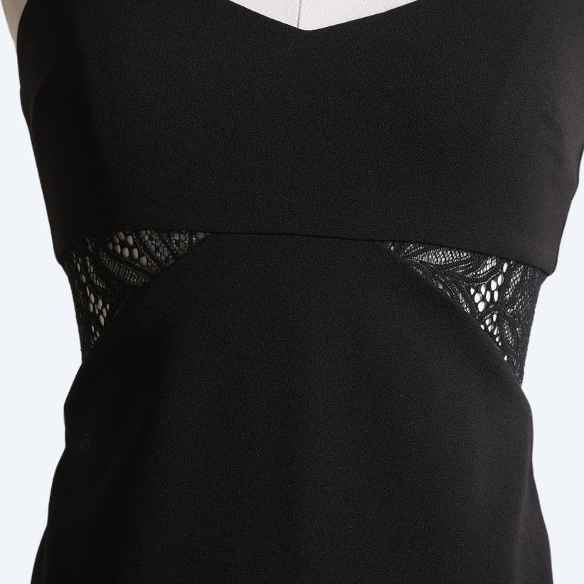MICHAEL KORS Black Lace Panel Crepe Slip Midi Dress