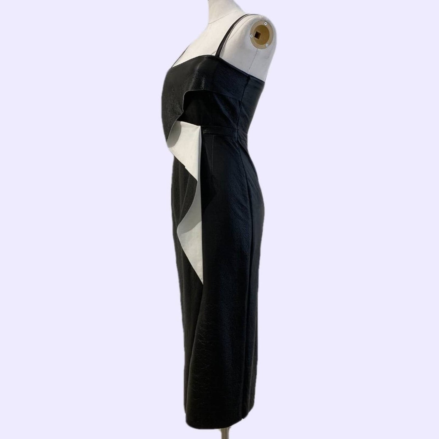 FRENCH CONNECTION Black and White Faux Leather Ruffled Sleeveless Midi Dress