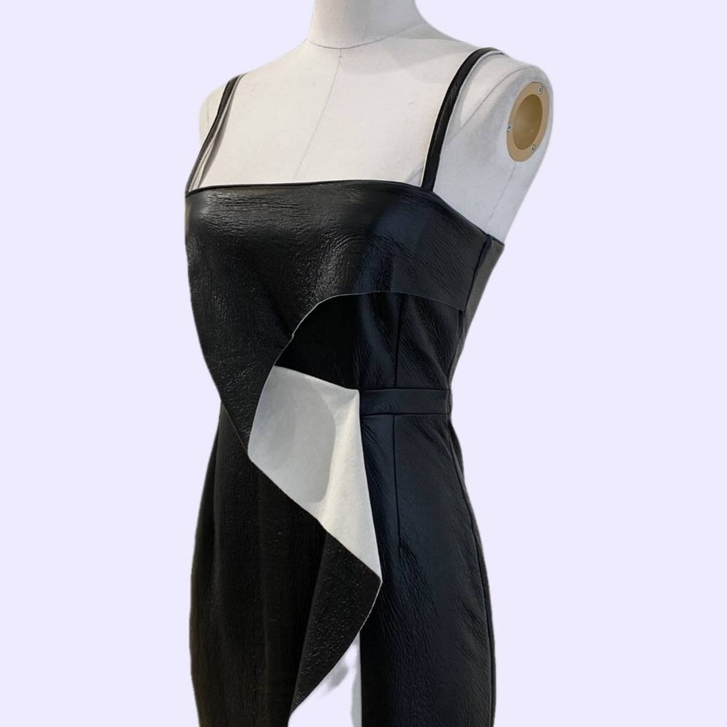FRENCH CONNECTION Black and White Faux Leather Ruffled Sleeveless Midi Dress
