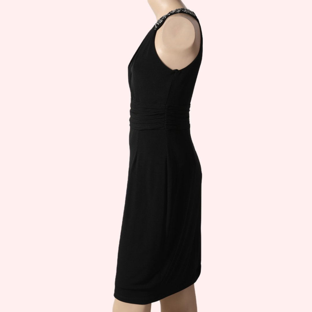 DAVID MEISTER Black Beaded Halter Sheath Dress