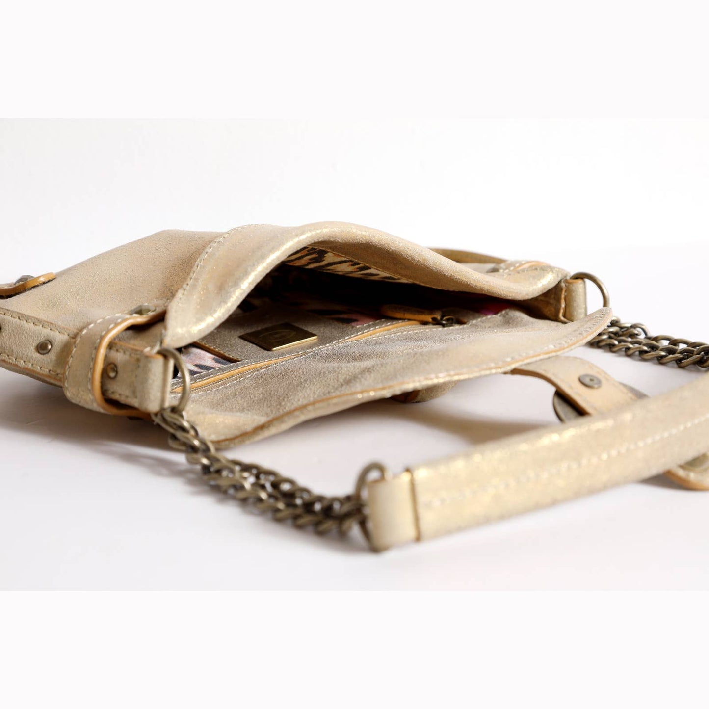 JUST CAVALLI Gold Metallic Leather Hand Bag with Chain Strap