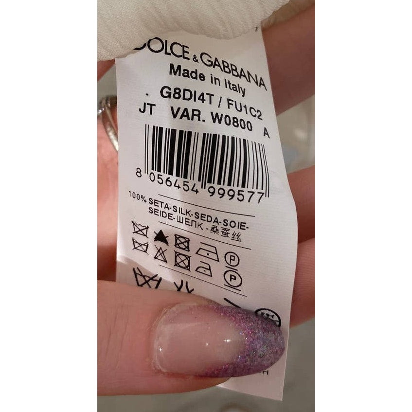 DOLCE & GABBANA Cream Crinkled Silk Logo Oversized Top