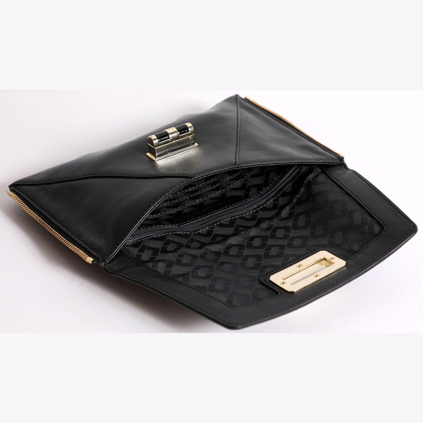 DIANE VON FURSTENBERG Black Pebbled Leather Studded Envelope Clutch