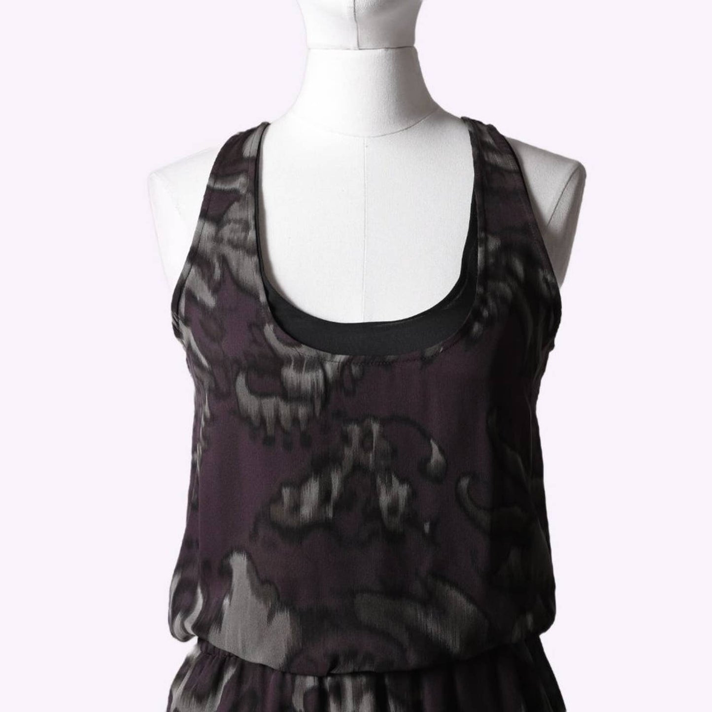ROBERT RODRIGUEZ Purple and Black Printed Silk and Lace Trim Tank Dress