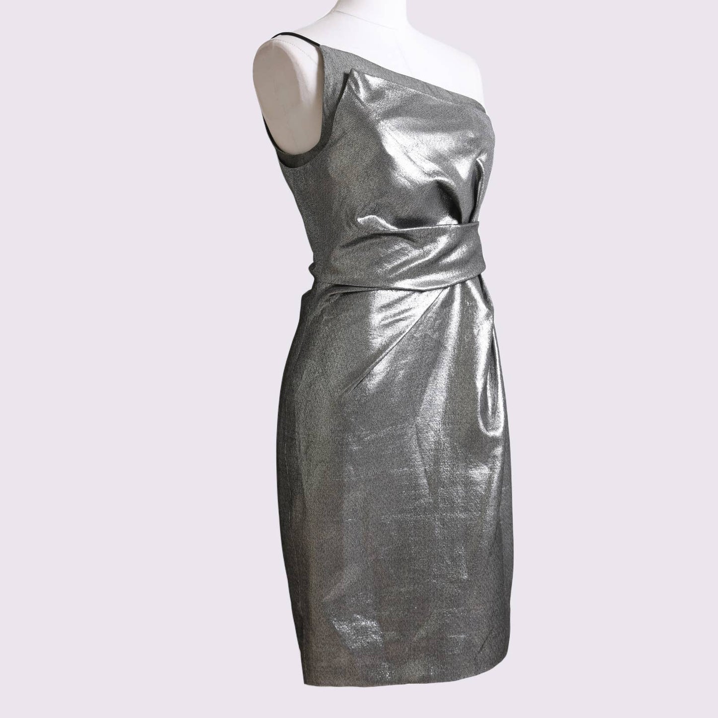 HALSTON HERITAGE Silver One-Shoulder Knee-Length Sheath Dress