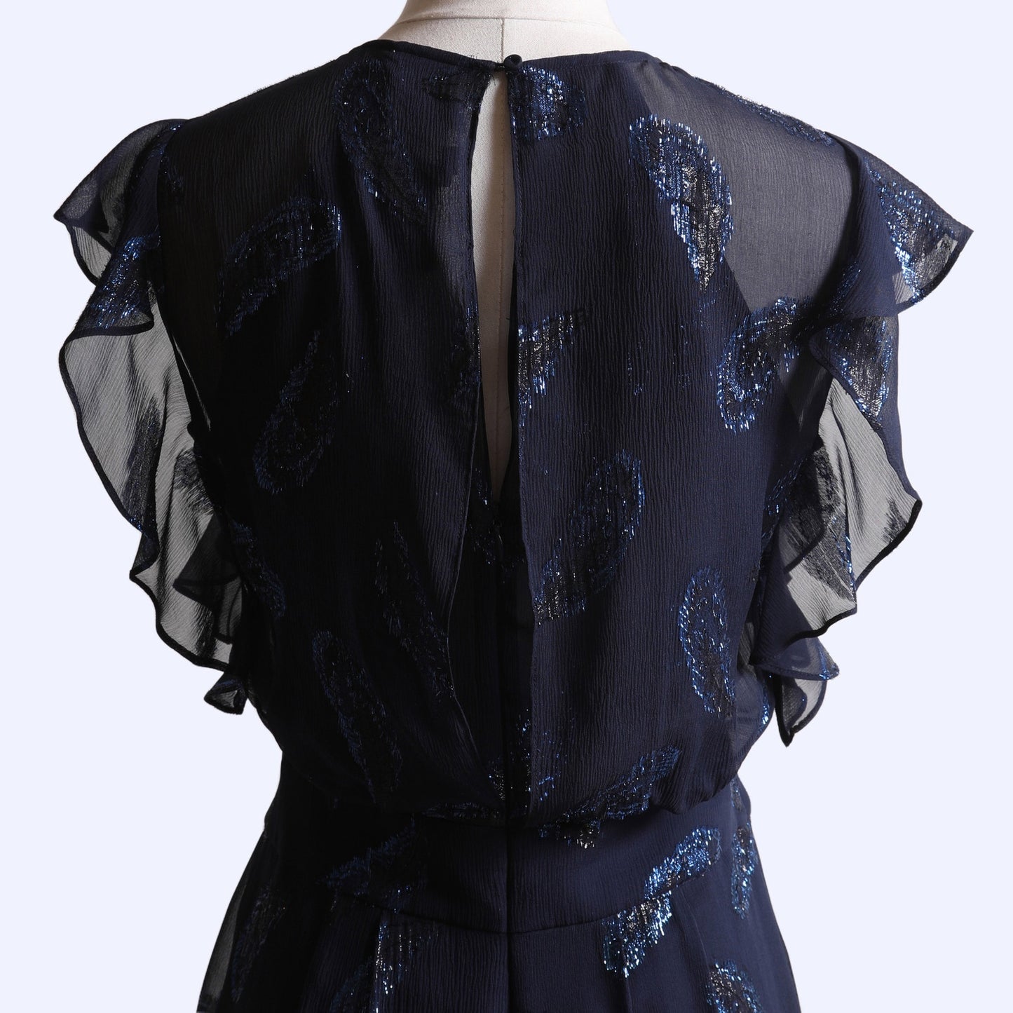 BCBGMAXAZRIA Navy Blue Metallic Silk Flutter Sleeve Knee Length Dress