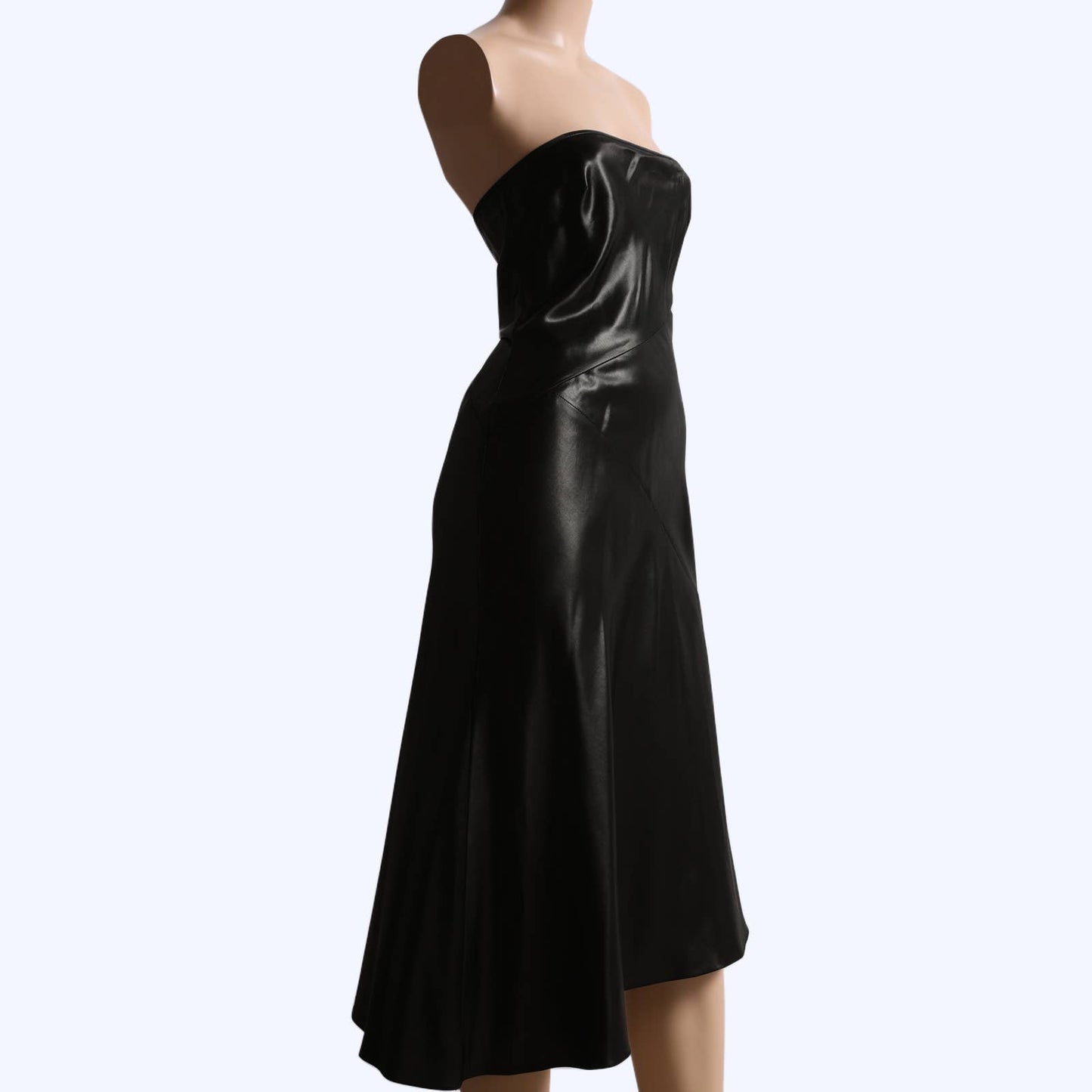 PLEIN SUD Vintage Black Silk Asymmetrical Strapless Midi Dress