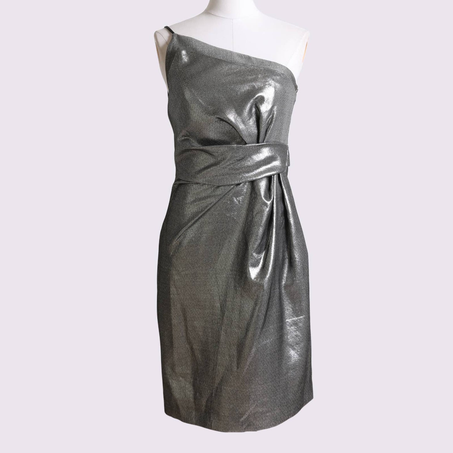 HALSTON HERITAGE Silver One-Shoulder Knee-Length Sheath Dress