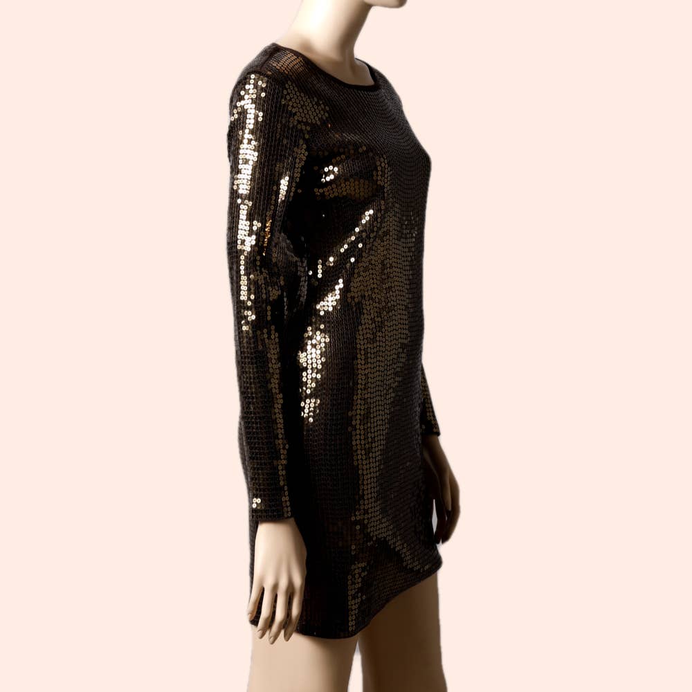 MICHAEL KORS Bronze Sequin Long Sleeve Cotton Dress