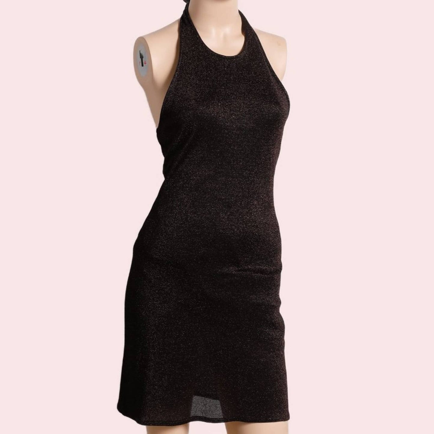 MARK EISEN Vintage Black with Bronze Threading Halter Mini Dress