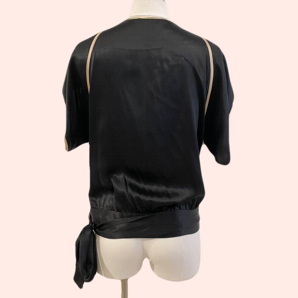 BCBGMAXAZRIA Black with Gold Lining Short Sleeve Silk Blouse