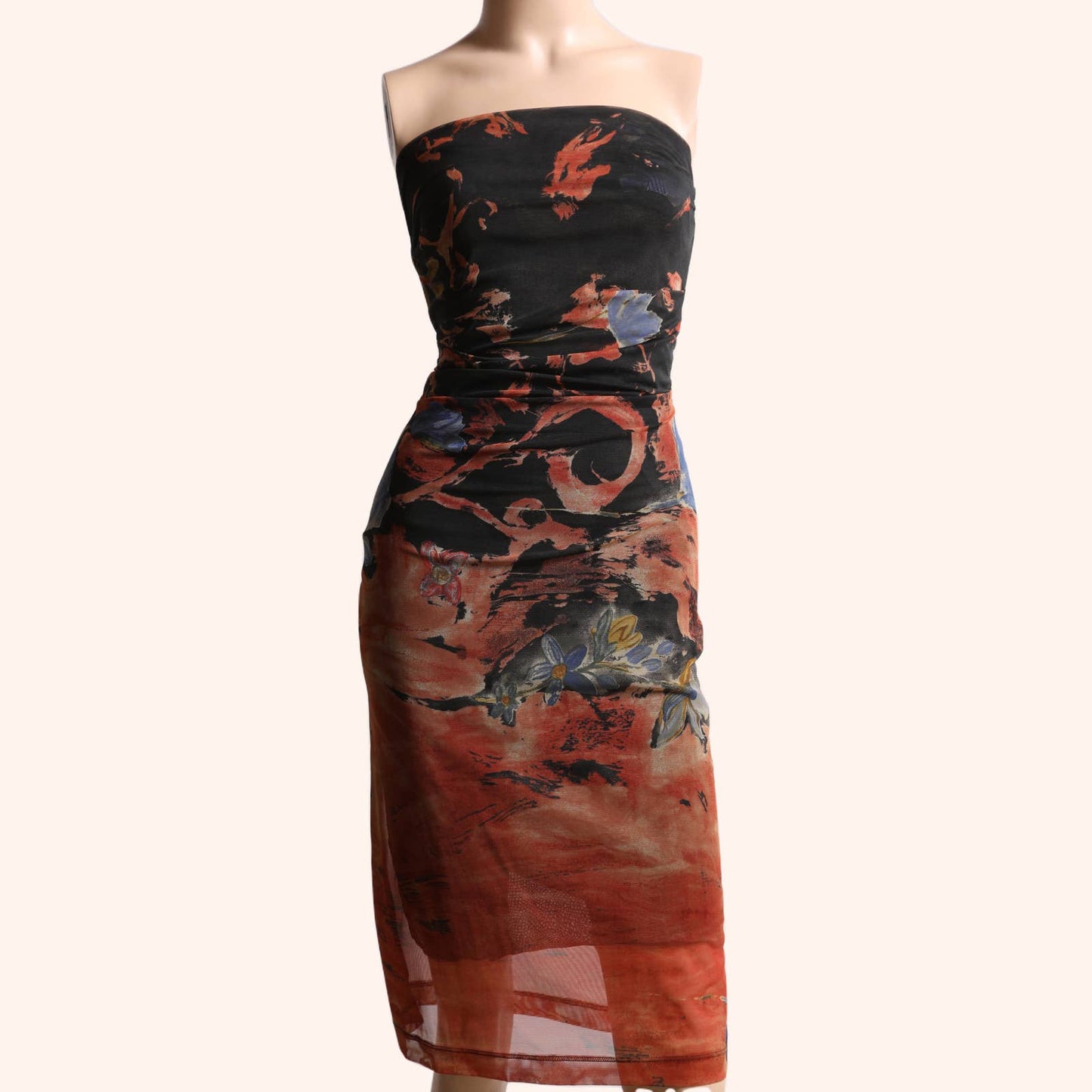 PLEIN SUD JEANS Black Multicolor Print Strapless Sheer Dress