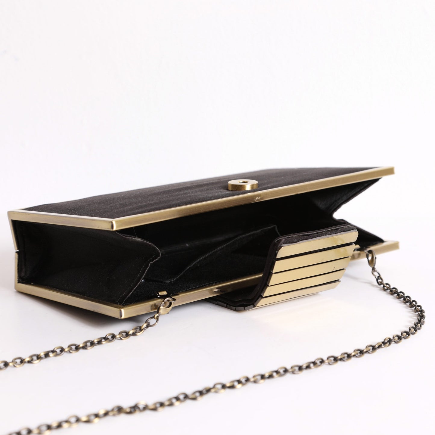 BCBGMAXAZRIA Black Box Retro Style Clutch with Gold Details + Chain