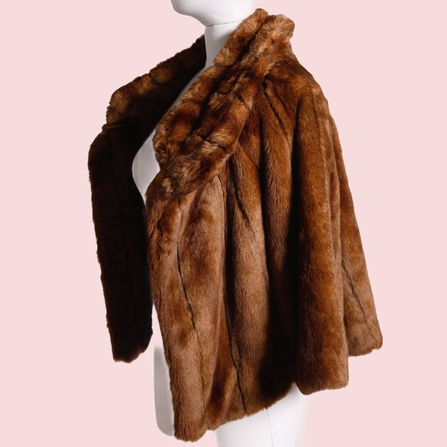 VINTAGE Brown Open Front Faux Fur Cape