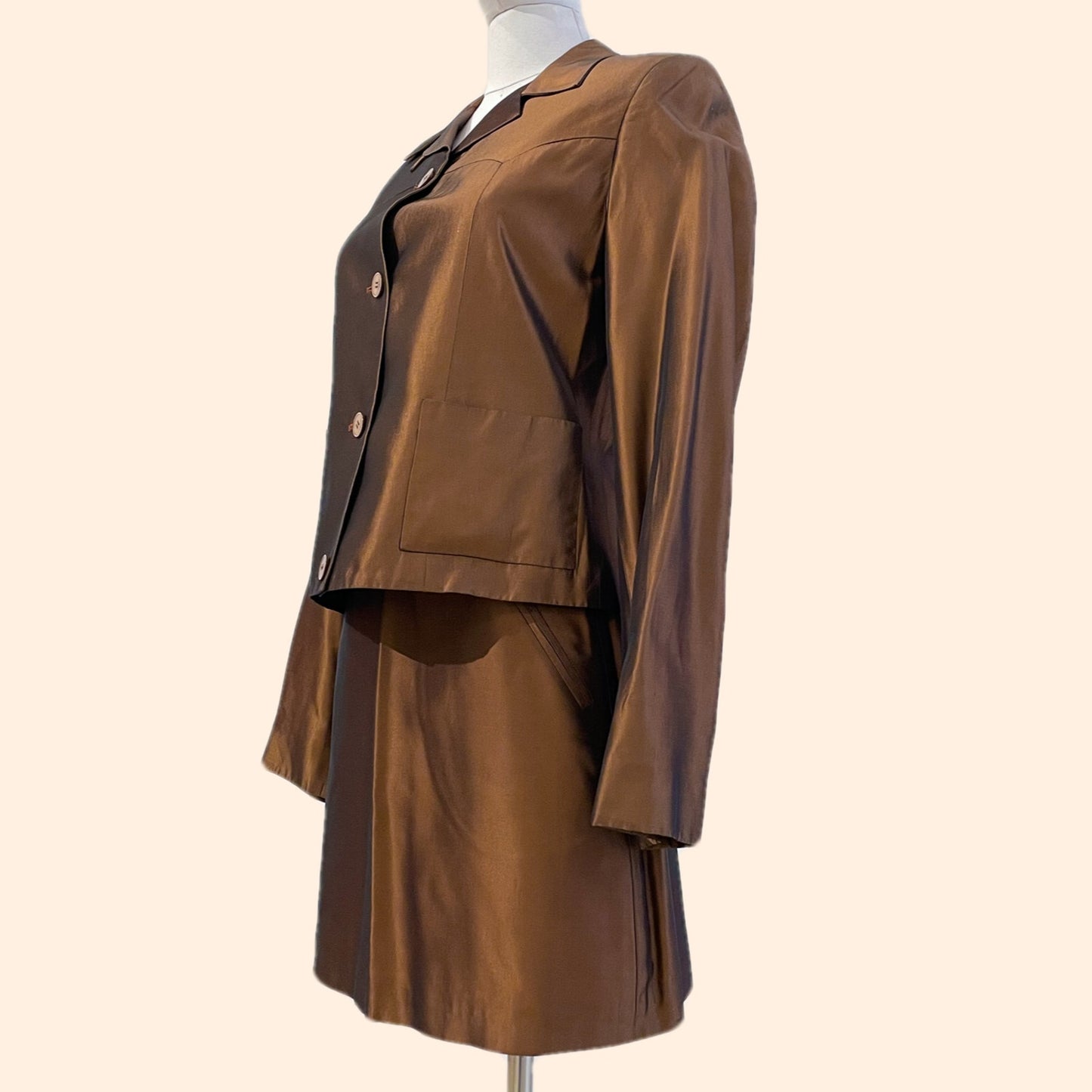 MARK EISEN Vintage Y2K Bronze Satin Blazer + Mini Skirt Set