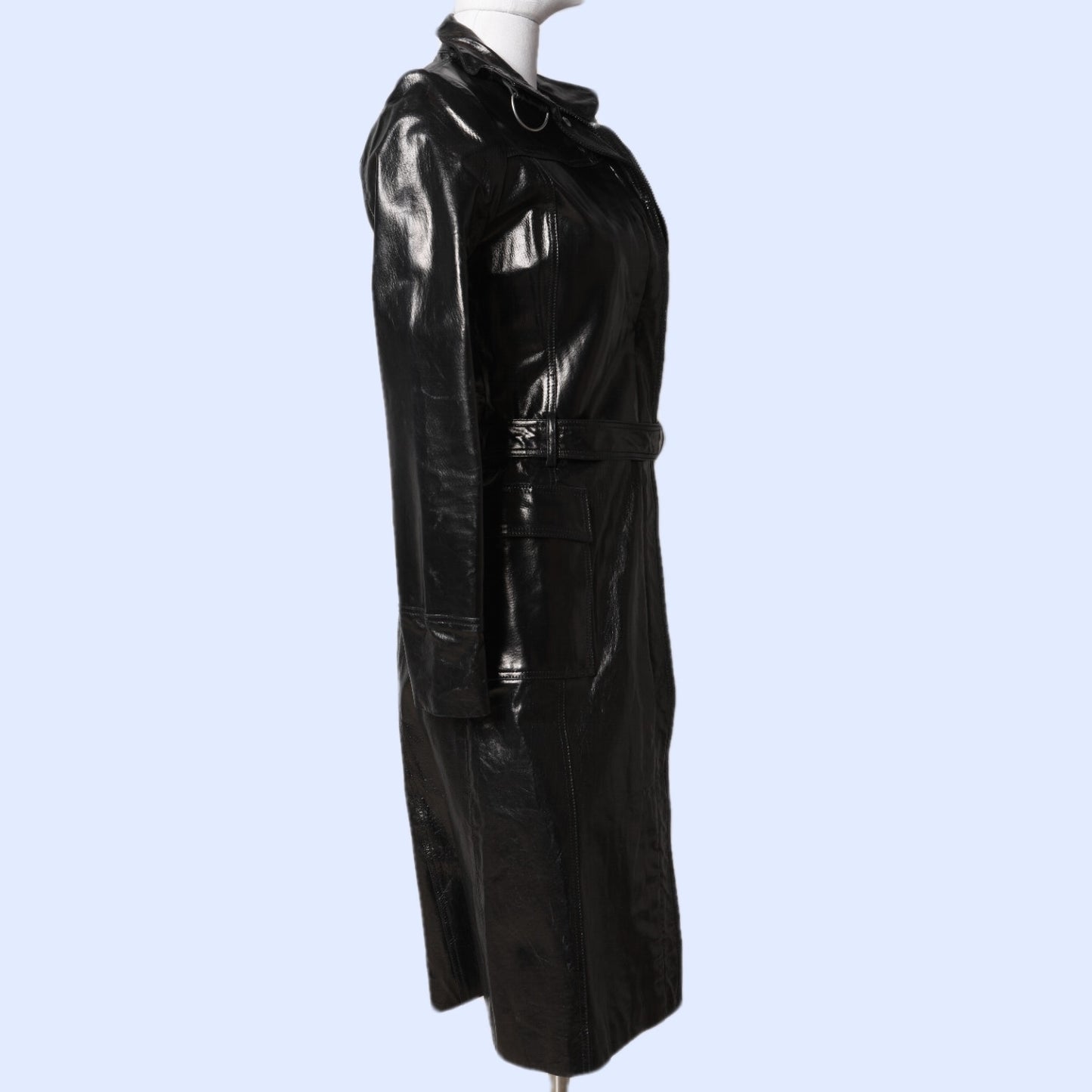 HIDEOUT Black Real Leather Long Vintage Trench Coat