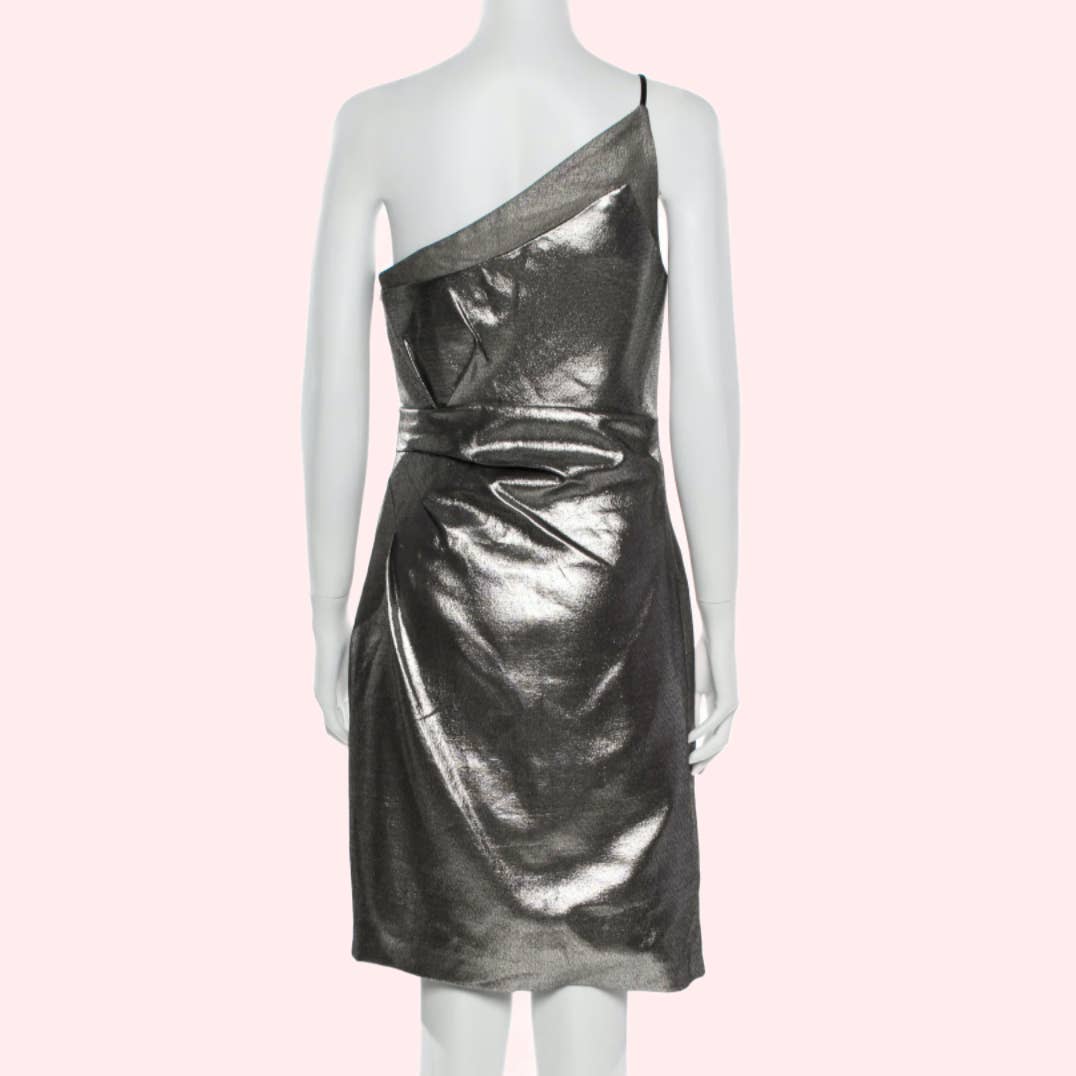 HALSTON HERITAGE Silver One-Shoulder Knee-Length Sheath Dress