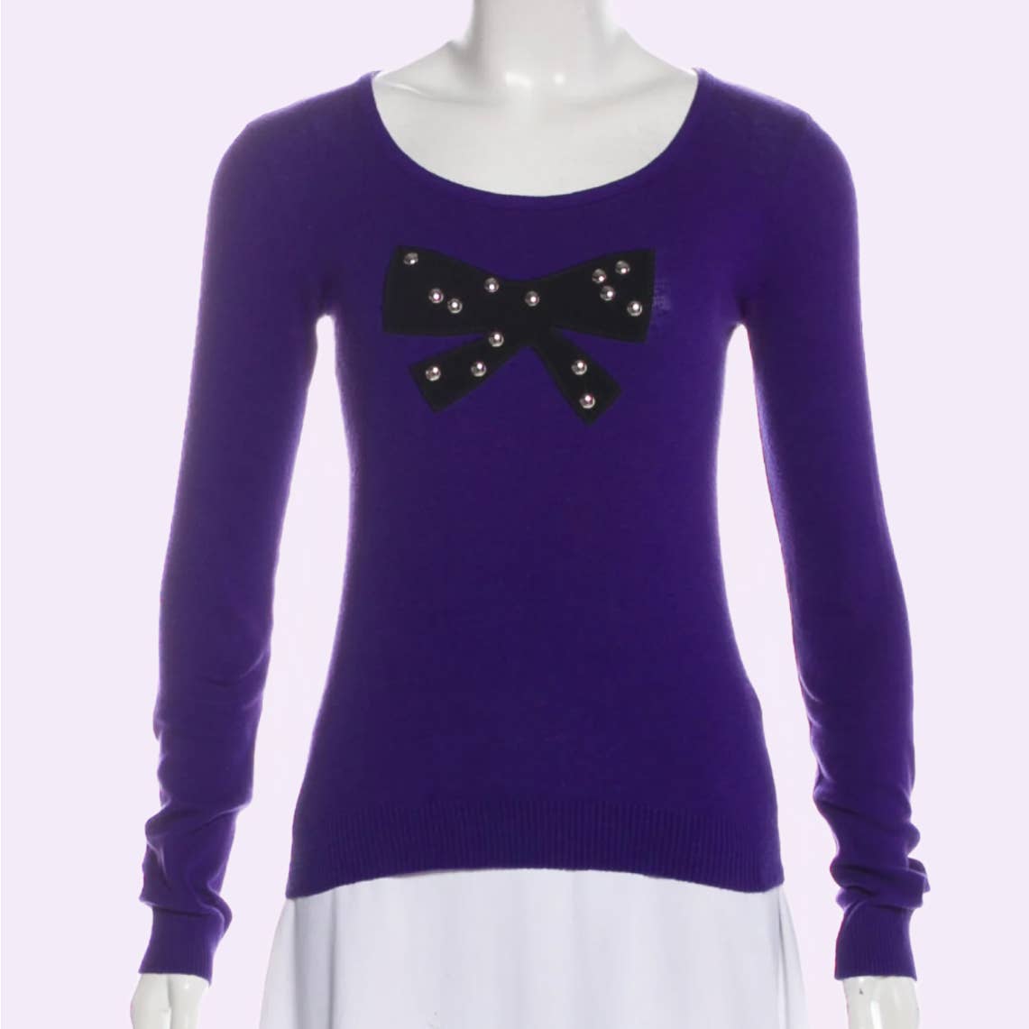 SONIA BY SONIA RYKIEL Violet with Black Pearled Bow Long Sleeve Sweater