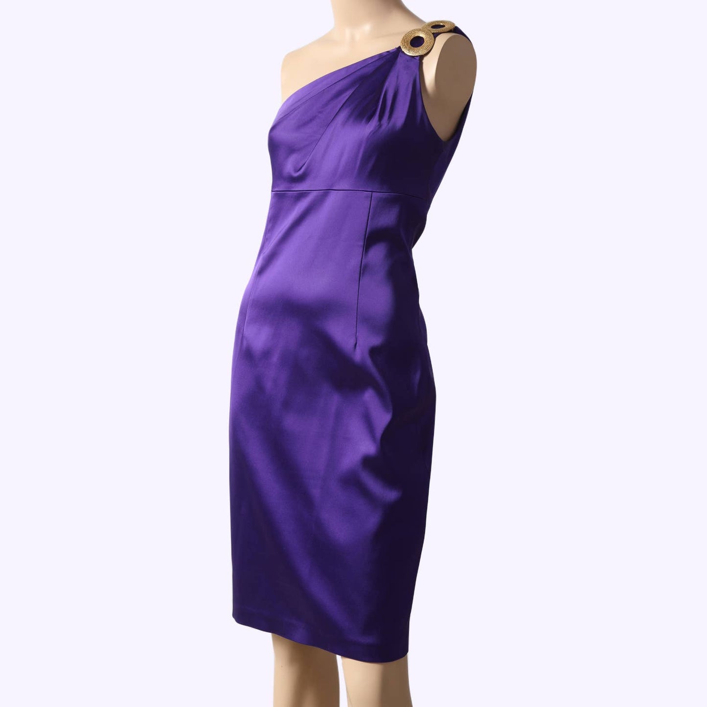DAVID MEISTER Violet with Gold Embellished One Shoulder Knee Length Dress
