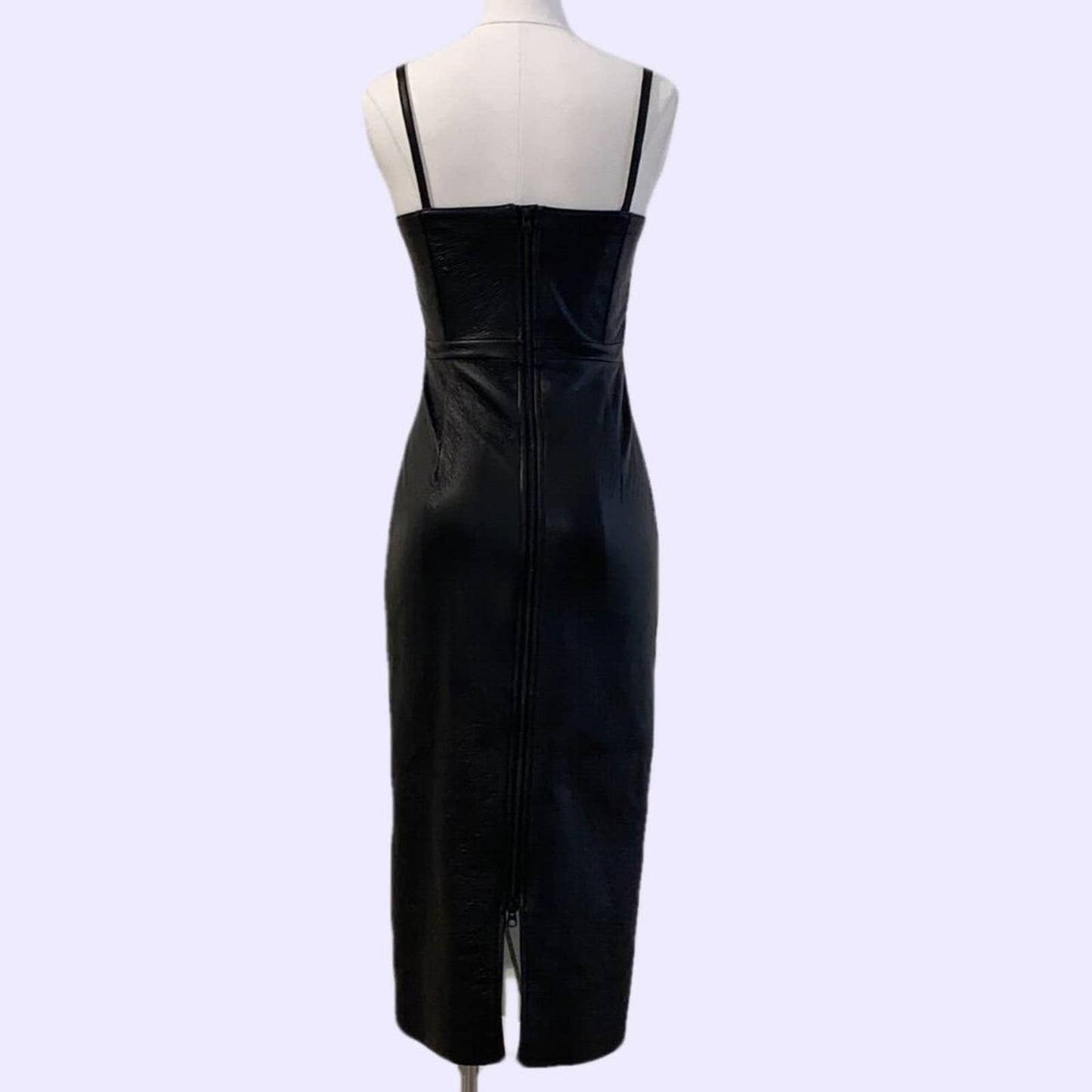 FRENCH CONNECTION Black and White Faux Leather Ruffled Sleeveless Midi Dress