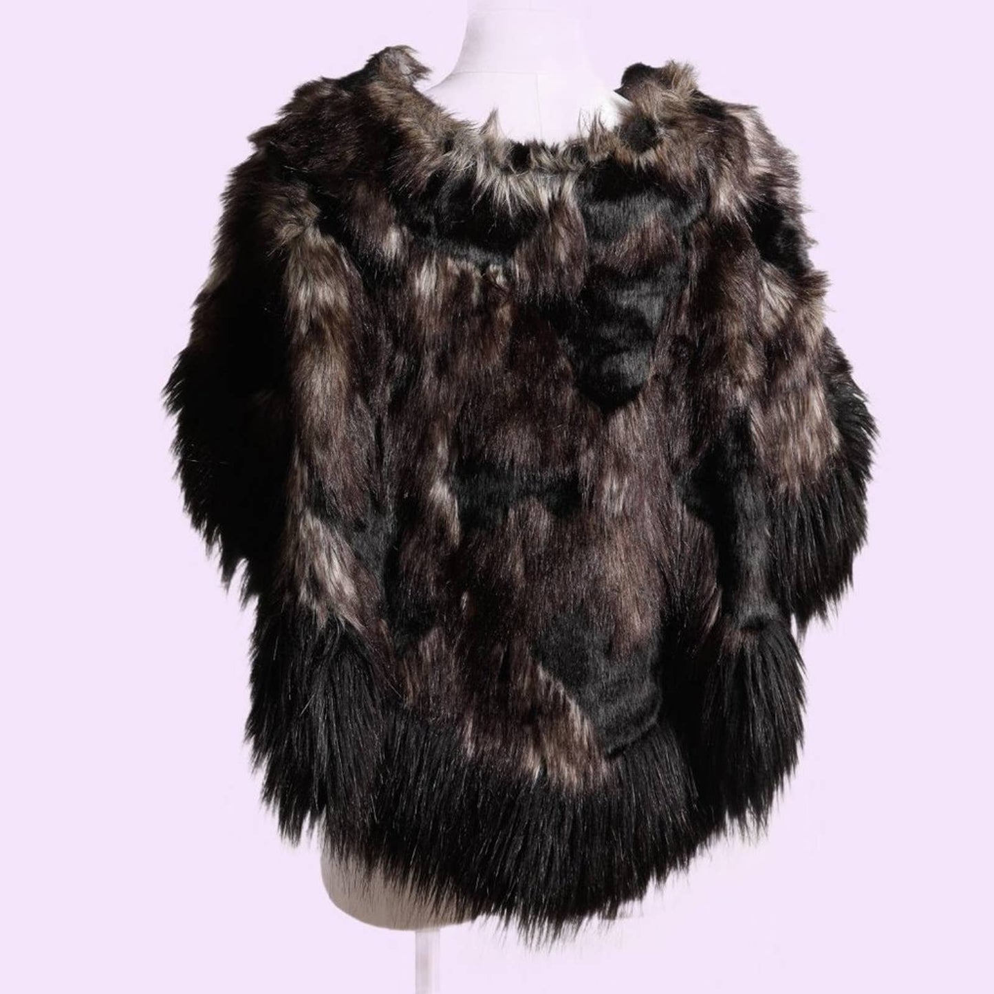 VINTAGE Brown and Black with Black Satin Ribbon Tie Front Faux Fur Cape