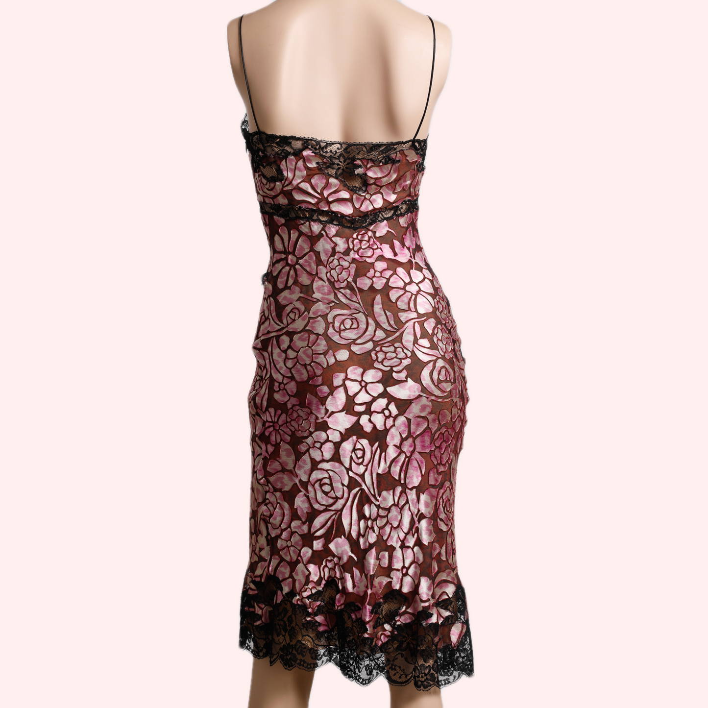 EMANUEL UNGARO PARIS Pink and Black Floral Lace Sleeveless Silk Midi Dress