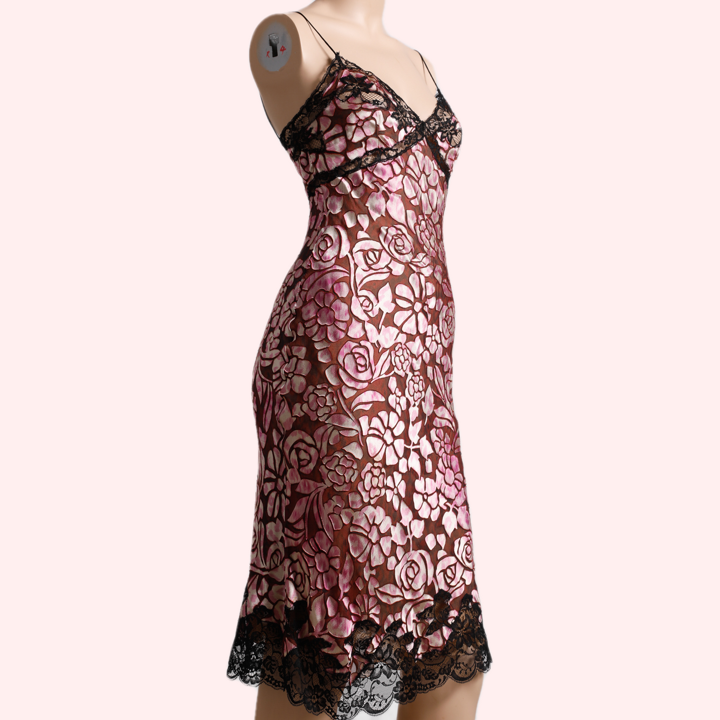 EMANUEL UNGARO PARIS Pink and Black Floral Lace Sleeveless Silk Midi Dress
