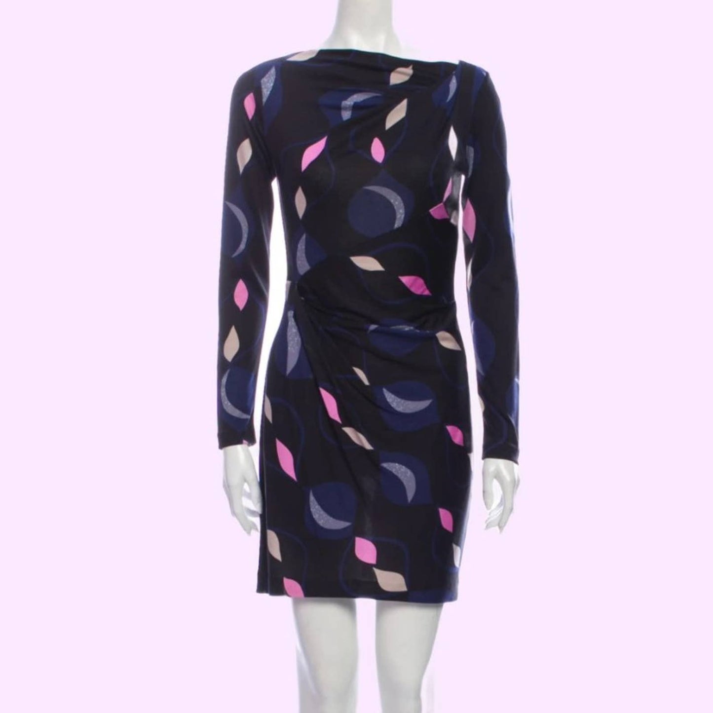 DIANE VON FURSTENBERG Black with Multicolor Print Long Sleeve Silk Dress