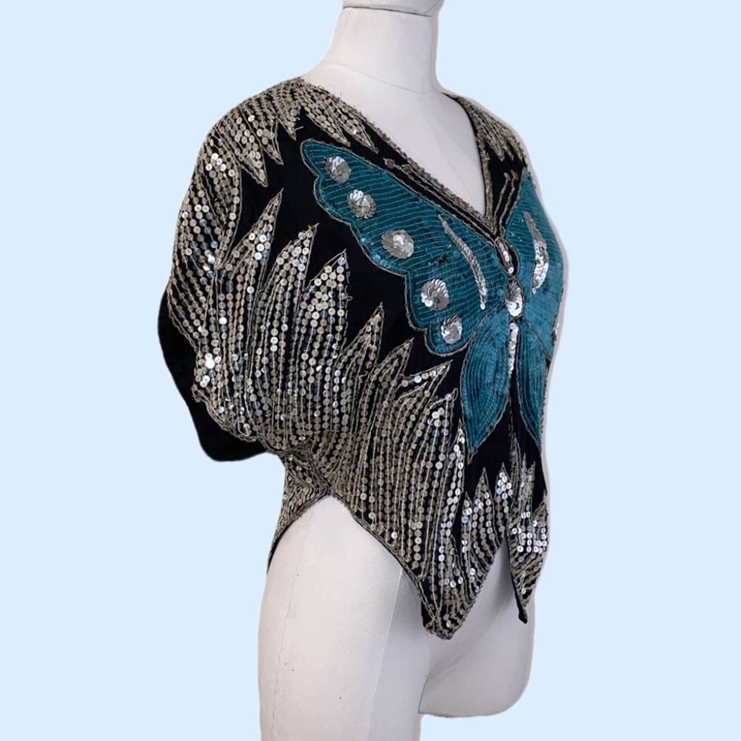 VINTAGE 1970s Silver and Blue Butterfly Sequin 1970s Short Sleeve Top
