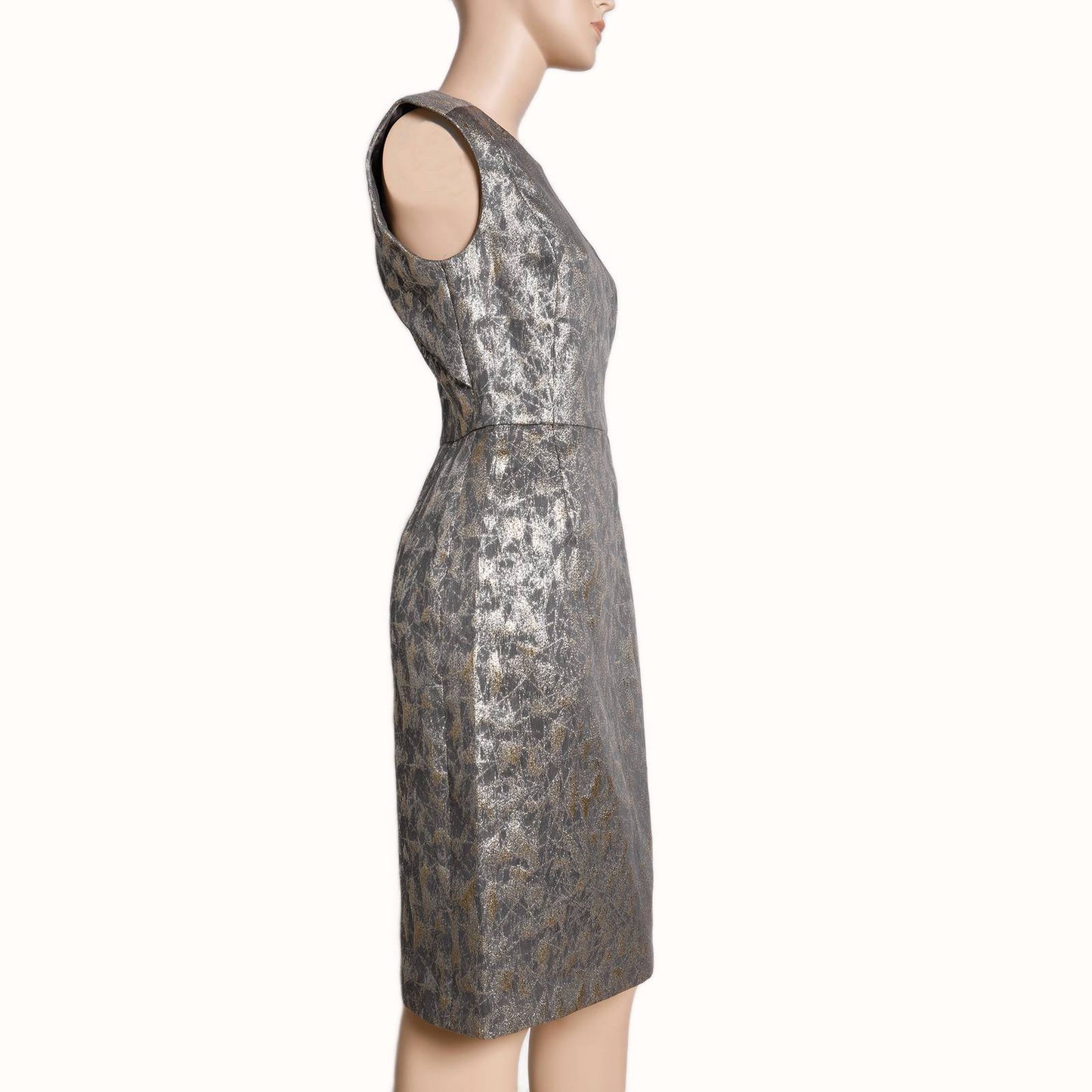 TIA CIBANI Gray and Gold Metallic Printed Sleeveless Dress